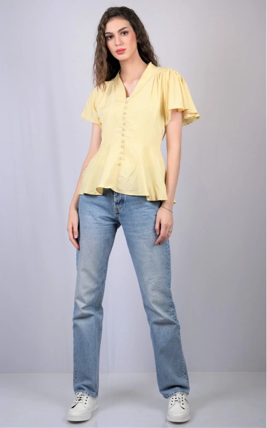 Yellow Embellished V-Neck Flutter Sleeves Peplum Top (OTL-TPS1004)-Yellow / XL