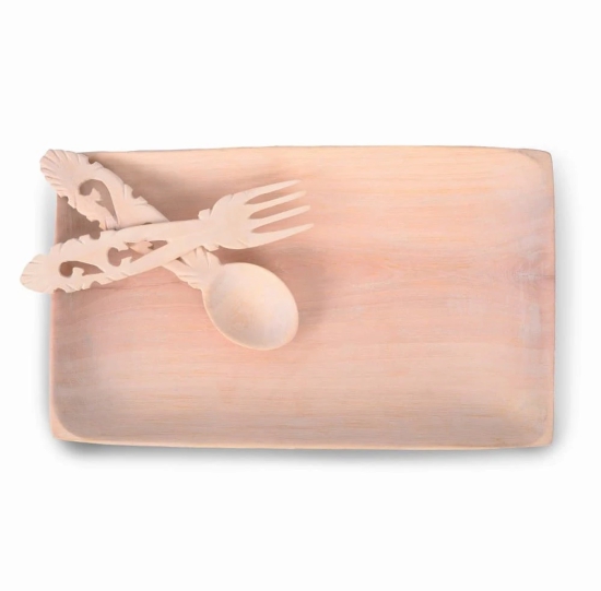 Wooden Serving Tray with Spoon and Fork