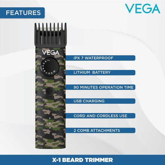 VEGA Men X1 Beard Trimmer Battery Powered For Men With Quick Charge, 90 Mins Run-Time, Waterproof, For Cord & Cordless Use And 40 Length Settings, (Vhth-16) Green