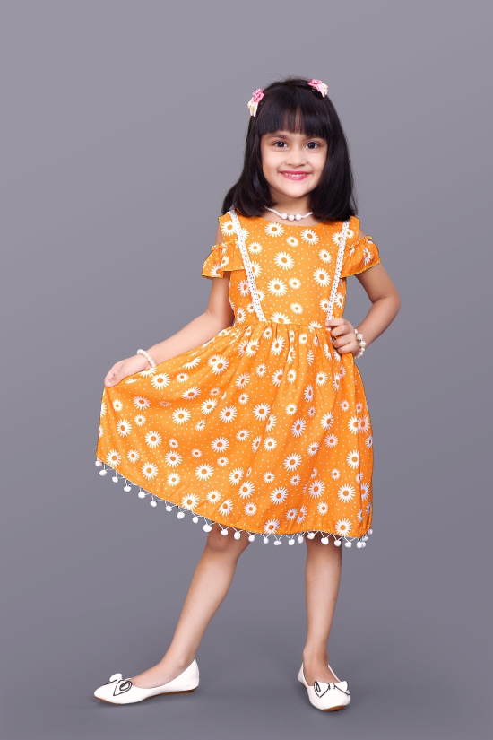 Kids Girls Knee Length Yellow Flower Design Festive/Wedding Fit & Flare  Dress-12 - 13 Year