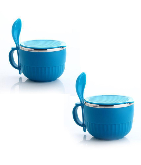 HOMETALES - PET Soup Bowl with Spoon & Folk, Pack of 2 (650 ml Each), Blue - Blue