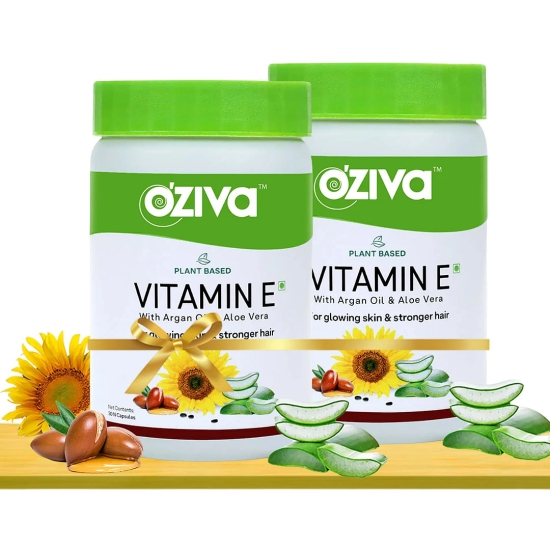 Oziva Plant-Based Vitamin E Capsules for Face & Hair with Sunflower, Aloe Vera, Argan Oil. Vegan, Natural. 30 Capsules-Pack of 2.-Oziva Plant-Based Vitamin E Capsules for Face & Hair with Sunflow