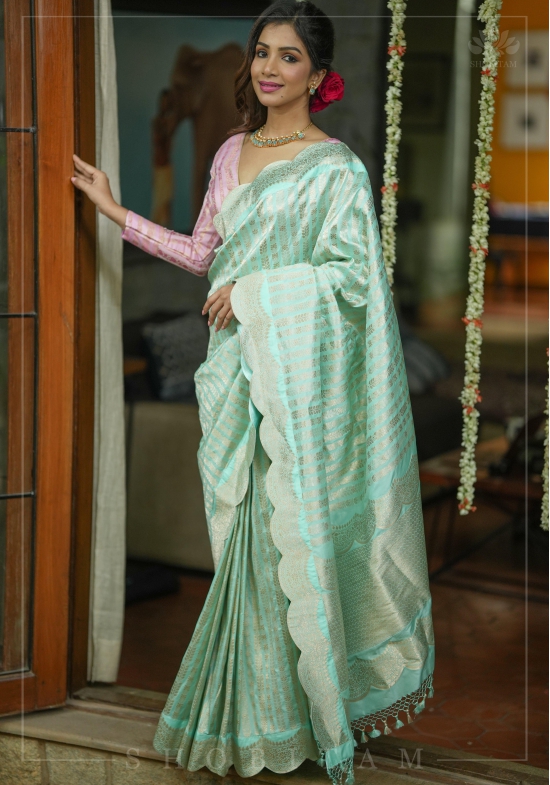 Unique Scalloped Borders Pure Brocade Banarasi Katan Silk Saree in Pastel Sea Green | SILK MARK CERTIFIED