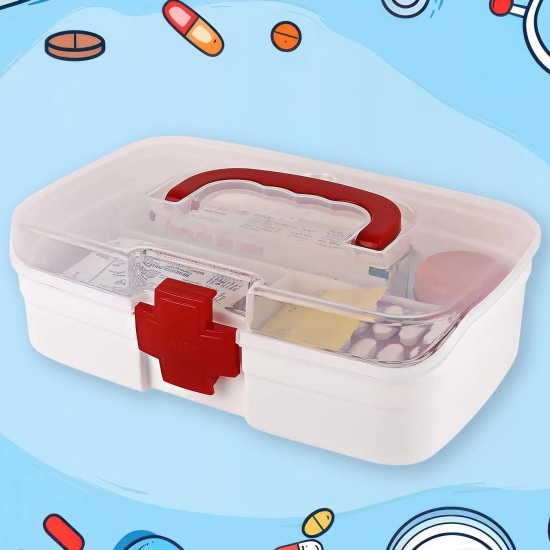 12980 3 Compartment Medical Box, 1 Piece, Indoor Outdoor Medical Utility, Medicine Storage Box, Detachable Tray Medical Box Multi Purpose Regular Medicine, First Aid Box with Handle, Transparent