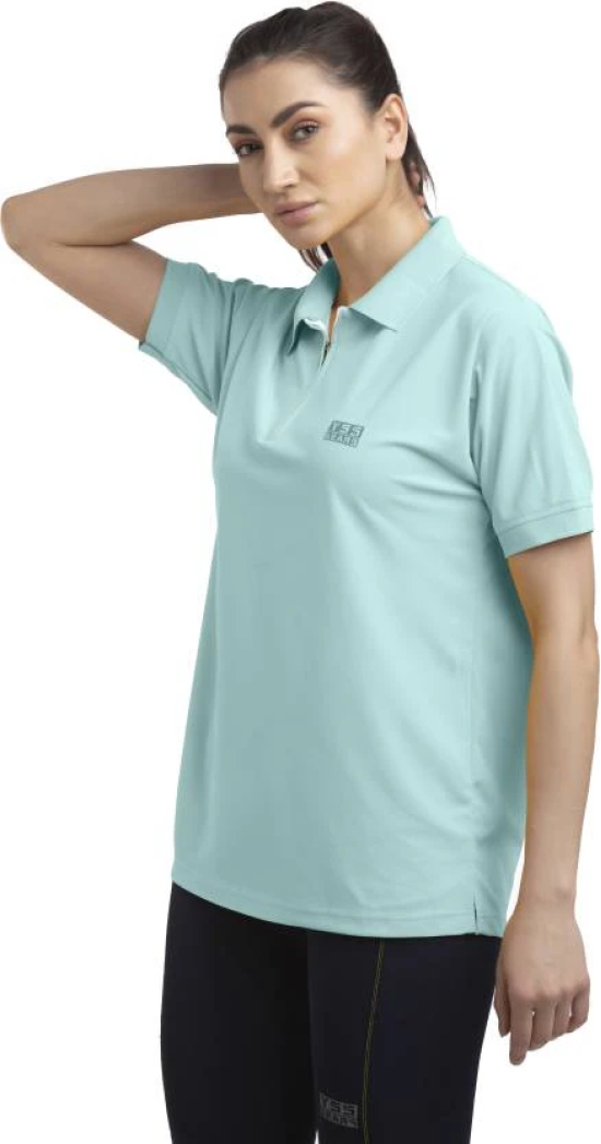 Women Solid Zip Neck Polyester Light Blue T-Shirt