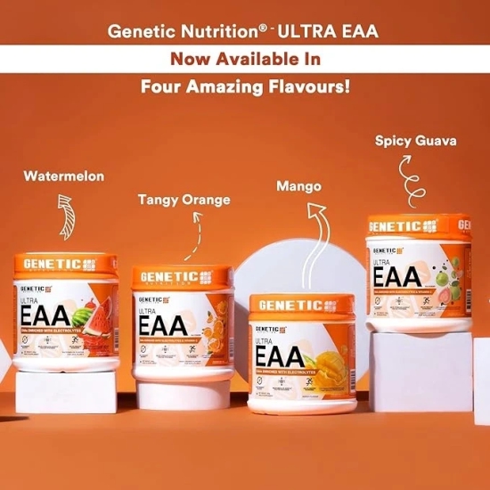 Genetic Nutrition EAA Powder with 4.3g BCAAs: Intra-Workout/Post Workout Essential Amino Acids and Hydration Complex for Muscle Recovery and Growth (FLAVOUR - TANGY ORANGE, Weight - 300 Grams) by Total Sporting And Fitness Solutions Pvt Ltd