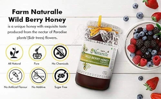 Farm Naturelle-Wild Berry (sidr) Flora Honey |850gm+150gm Extra and a Wooden Spoon|100% Pure, Raw Natural Un-Processed - Un-Heated Honey | Lab Tested Honey in Glass Bottle.