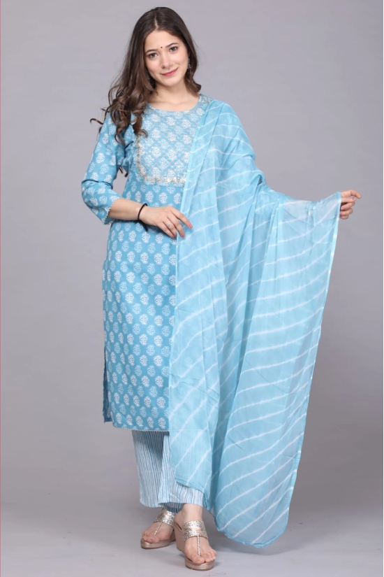 kurti with Pant and beautiful lehriya chiffon dupatta-XXL / Sky Blue