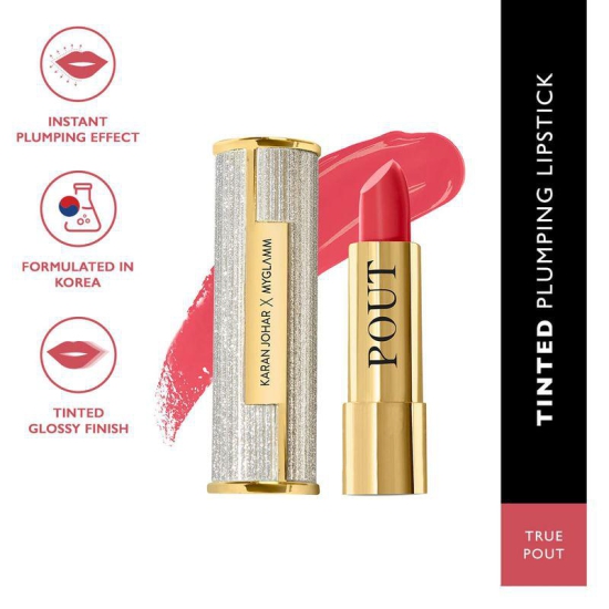 MyGlamm POUT by Karan Johar - True Pout (Earthy Pink Shade) | Buildable Tinted Plumping Bullet Lipstick With Glossy Finish (3.5g)