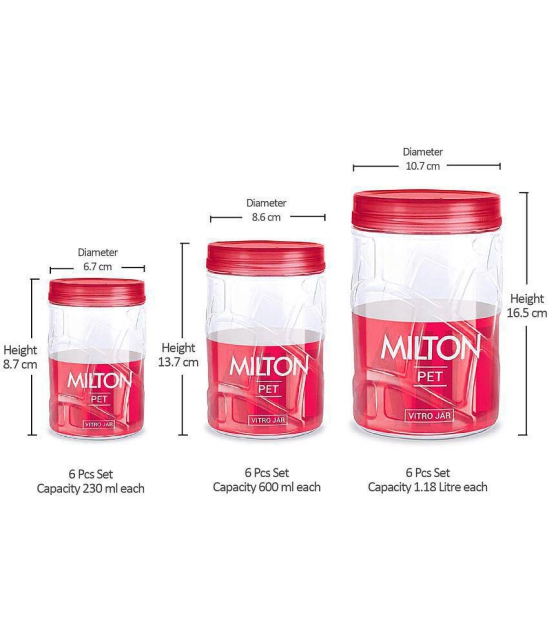 Milton Vitro Plastic Pet Storage Jar and Container, Set of 18 (6 pcs x 230 ml Each, 6 pcs x 600 ml Each, 6 pcs x 1.18 ltrs Each), Red Wine - Red