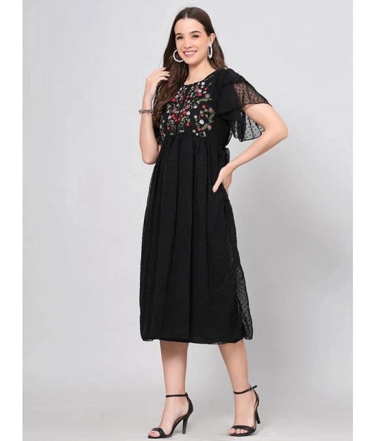 HIGHLIGHT FASHION EXPORT Crepe Embroidered Midi Womens Fit & Flare Dress - Black ( Pack of 1 ) - None