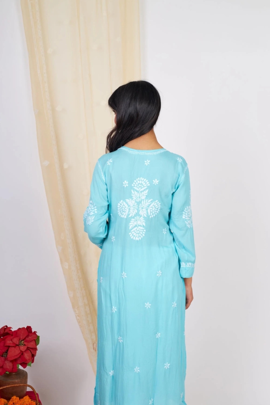 Modal Chikankari Nyra Kurti- Blue-Grey / XL