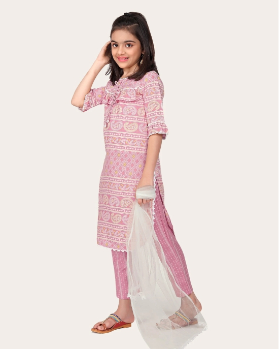 Kid Girls Designer Cotton Printed Top Bottom With Dupatta Pink-Pink / 13 - 14 Years