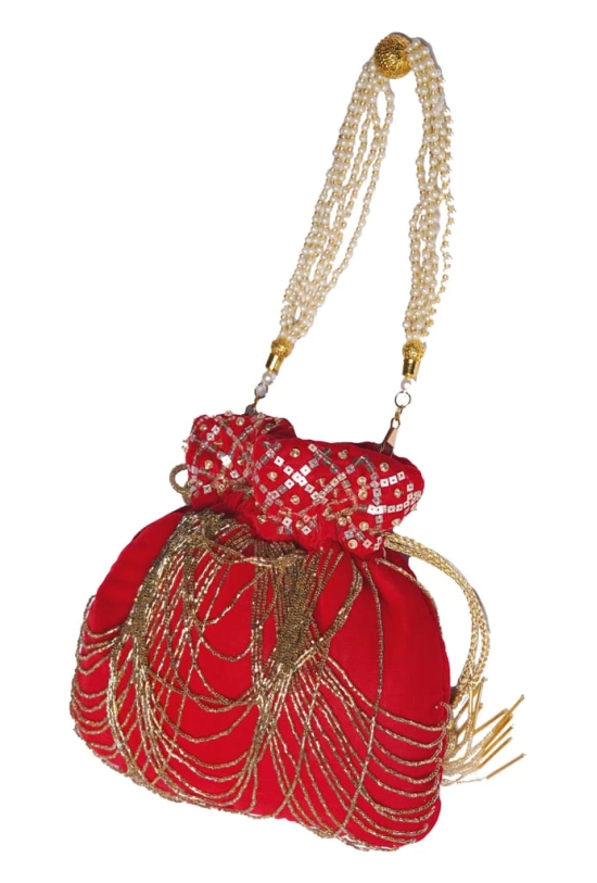 Embellished Red velvet with golden color embroidered potli bag