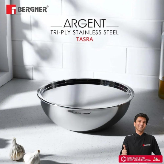 Bergner Argent Tri-Ply Stainless Steel Tasla with Stainless Steel Lid | Gas & Induction Compatible | Silver