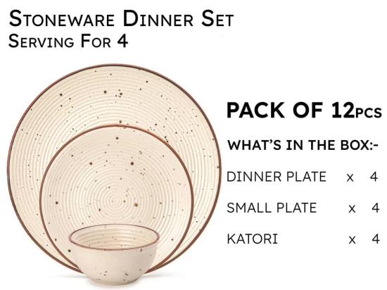 Handcrafted Stoneware Reactive Glaze Ceramic Dinner Set, 12 Pieces Serving for 4, Microwave and Dishwasher Safe, Bone-ash Free, Crockery Set for Dining and Gifting, Beige