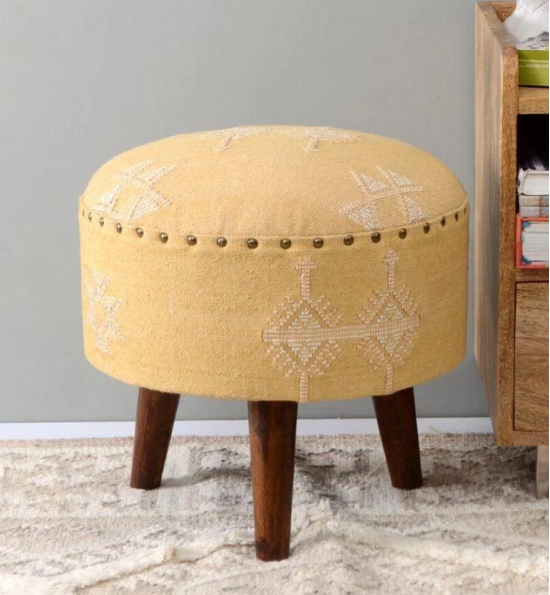 Mango Wood Foot Stool In Cotton Yellow Colour-Yellow