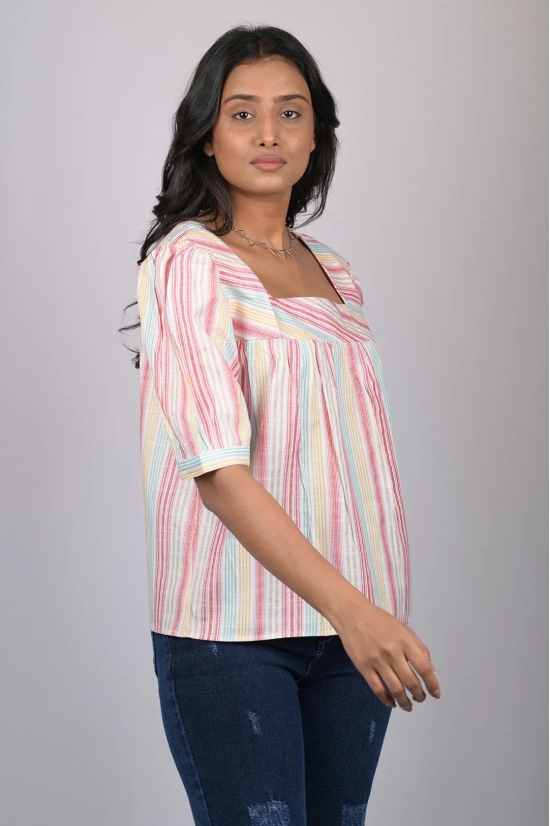 Magic cotton for women western wear Light Pink Striped Top With Square Neck (OTL-TPS1069)-Pink / XXL