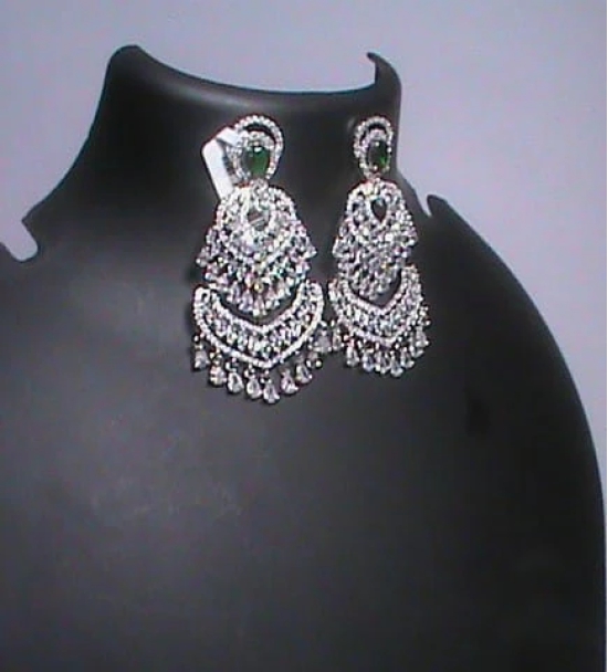 American Diamond Long Chandbali Earrings With Green Stone