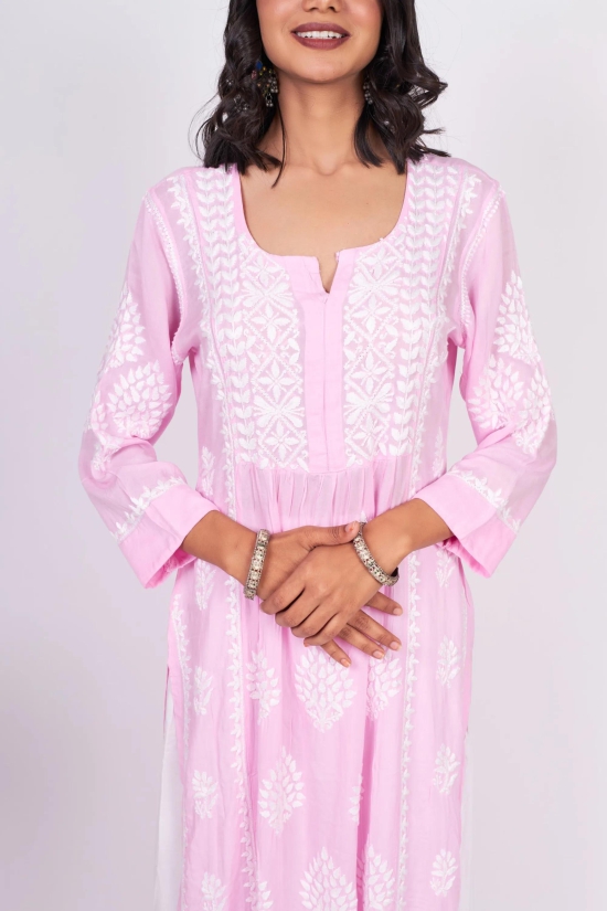 Modal Chikankari Nyra Kurti- Pink-S