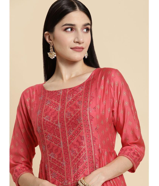 Rangita Women Chanderi Coral Sequin Yoke Embroidered Calf Length Kurti Gathered At Side - None