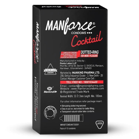 Manforce Cocktail Condoms with Dotted-Rings, Strawberry & Vanilla Flavoured, 10s