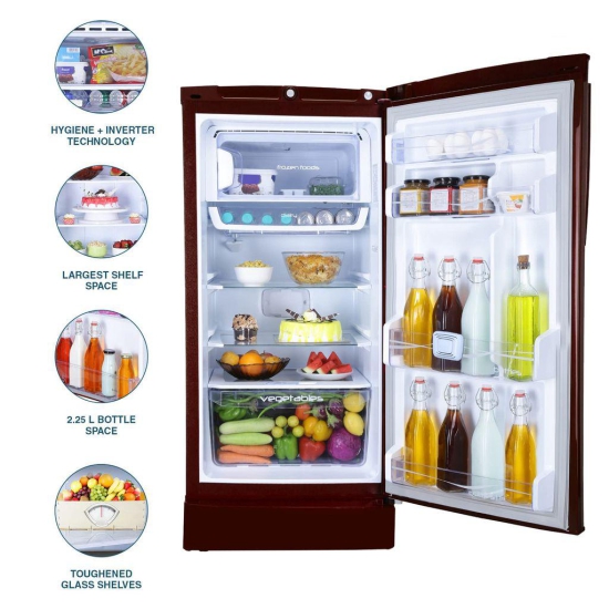 Godrej 210 L 5 Star Inverter With Jumbo Vegetable Tray Direct Cool Single Door Refrigerator (RD EDGEPRO 225E 53 TAI MN WN, Marine Wine)