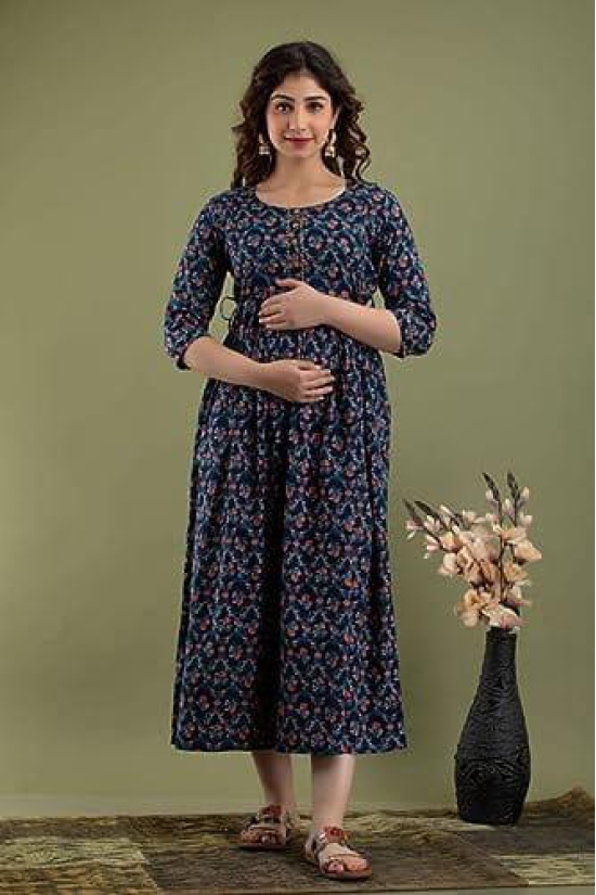 KASHVI Creation Women's Cotton Floral Printed Anarkali Maternity Feeding Kurti-Navy Blue