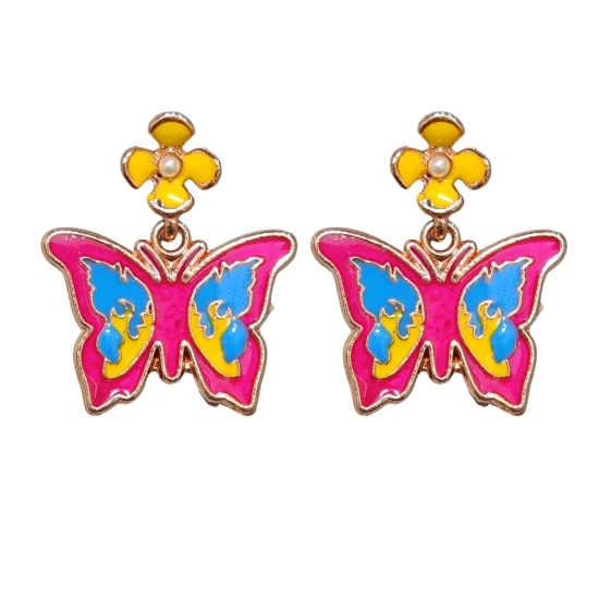 Dark Pink Butterfly Earrings with Flower Studs