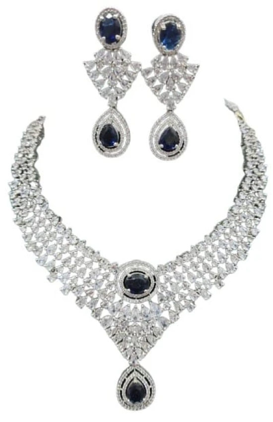 American Diamond Bridal Necklace Set with Earrings in Silver Finish