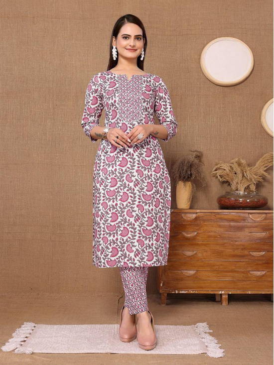 Rangita Women Cotton Pink Floral Printed Calf Length Straight Kurti With Pants - None