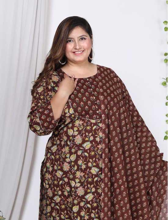 Swasti Cotton Printed Kurti With Palazzo Womens Stitched Salwar Suit - Brown ( Pack of 1 ) - None