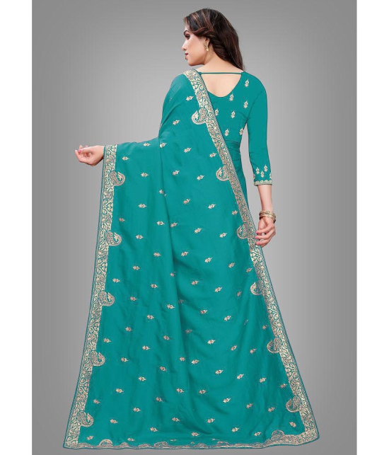 Om Shantam Sarees - Turquoise Silk Blend Saree With Blouse Piece ( Pack of 1 ) - Turquoise