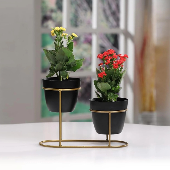 Kuber Industries Planter  Desktop Flower Planter  Balcony Flower Pot  Home Dcor Flowers Pot  Flower Planter for Office Dcor  Double Planter with Golden Stand  1128-A  Black-Kuber Industries Plant