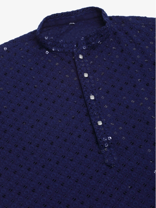 Men Navy Blue Chikankari Embroidered and Sequence Kurta with Churidar-S / Navy-Blue