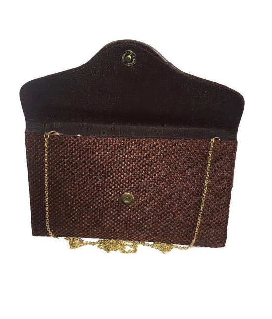 Apnav Brown Jute Clutch With Sling Chain