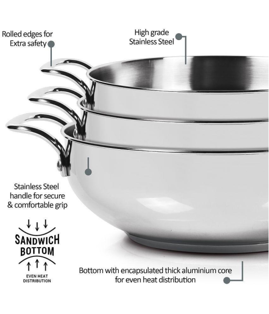 Milton Pro Cook Stainless Steel Sandwich Bottom Kadhai with Glass Lid, 22 cm / 2 Litres, Steel Plain