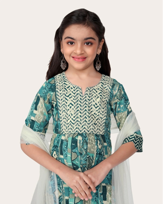 Printed Emroidered Kurta Bottom Dupatta Set for Girls-Sky Blue / 9 - 10 Years