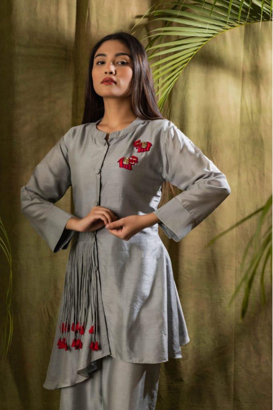 Indo Western Women’s Cotton Embroidered A-Line Kurta with Trousers Set