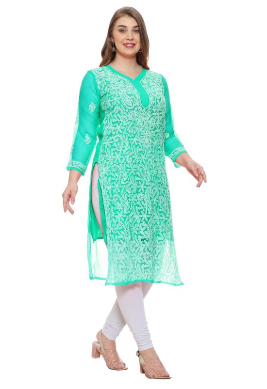 Lavangi Women Lucknow Chikankari Sea Green Georgette Kurti with Matching Cotton Inner