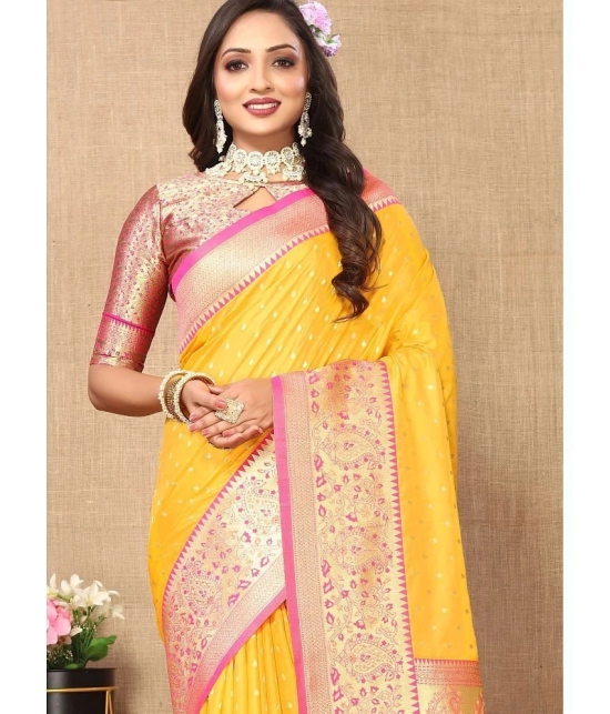 OFLINE SELCTION Silk Blend Self Design Saree With Blouse Piece - Yellow ( Pack of 1 ) - Yellow