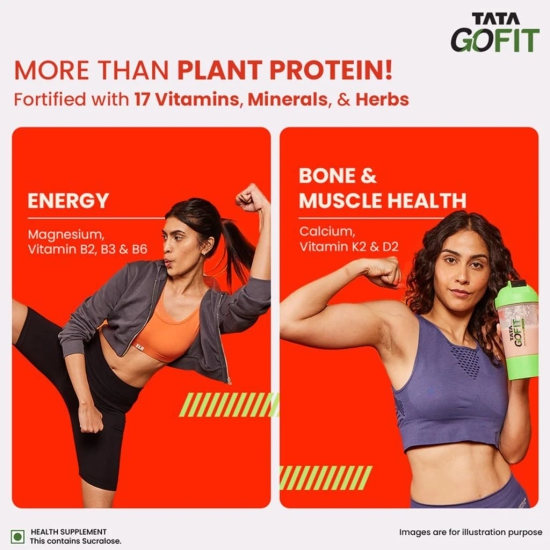 Tata Gofit Plant Protein Strength & Bones, Pea & Brown Rice Blend, 17 Vitamins, Minerals & Calcium, D2 & K2, Smooth Strawberry, No Soy, Lactose & Added Sugar, Amino Acids, Vegan, 500g