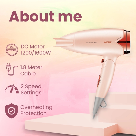 VGR V-428 Foldable Hair Dryer 12001600W DC Motor Dual Voltage 2 Speed Settings Travel-Friendly Pink-VGR V-428 Foldable Hair Dryer, 1200/1600W DC Motor, Dual Voltage, 2 Speed Settings, Travel-Frie