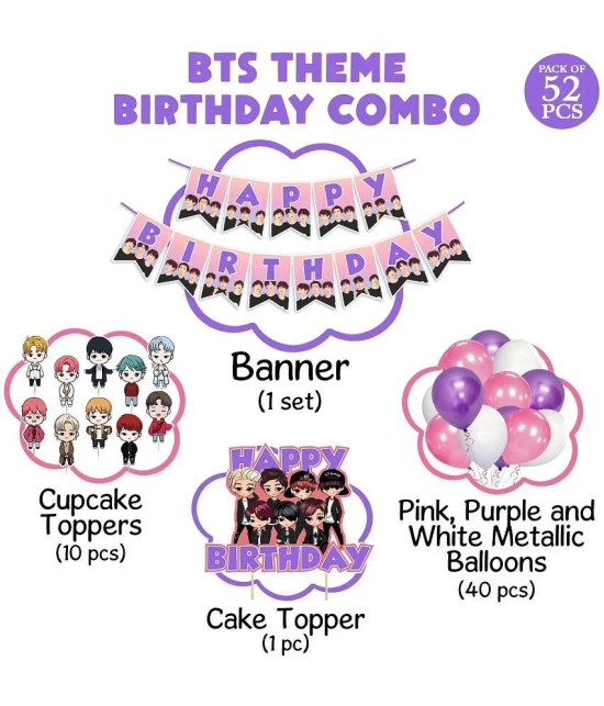 Zyozi BTS Birthday Party Supplies, BTS Theme Birthday Party Decorations ,Include BTS Happy Birthday Banner, Balloons,Cake and Cup Cake Toppers, BTS Fans Birthday Party (Pack of 52) - Pink