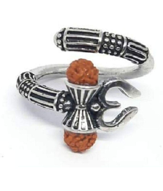 PAYSTORE Rudraksha Trishul Damroo Designer Oxidized Silver Bahubali Ring Unisex Cuff Ring for Men & Women Boys - None