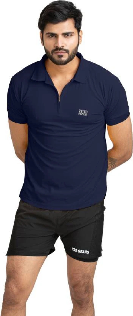 Men Solid Polo Neck Polyester Navy Blue T-Shirt