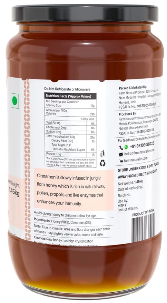 Farm Naturelle-Cinnamon Flower Wild Forest Honey |1.45KG and a Wooden Spoon| 100% Pure & Natural Ingredients Made Delicious Honey | No Artificial Color | No Added Sugar | Lab Tested Cinnamon Honey In Glass Bottle.