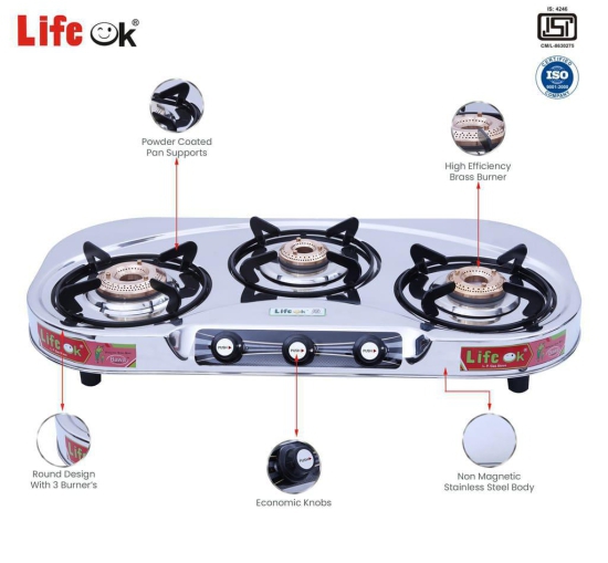 Life ok Stainless Steel Brass Burner Gas Stove Stainless Steel Manual Gas Stove