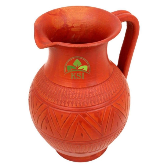 KSI Clay Jug, Terracotta Water Jug, Mud Pot | Pitcher 1.7 Ltr. | Mitti ka jug for Drinking Water with Lid | Natural/Earthen Clay | Handmade Matka/surahi/mitti Ghada with Beautiful Design - 1.7 liters