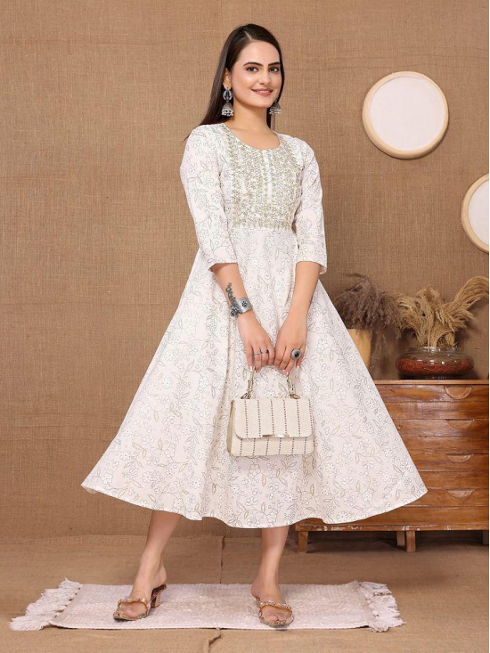 Rangita Women Cotton Off White Embroidered Calf Length Anarkali Kurti - None